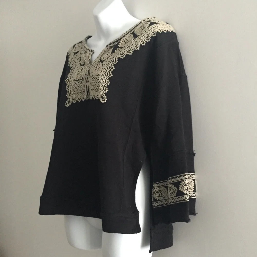 Free People Santa Maria Top Sweatshirt Embroidered Cotton 3/4 Sleeve Pullover XS